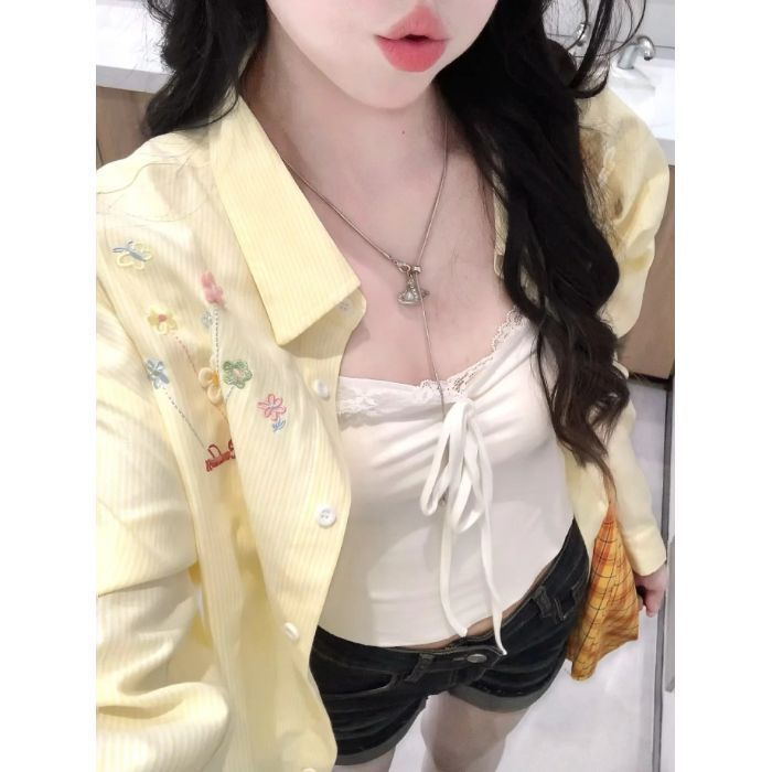 韩版可爱刺绣条纹衬衫女叠穿遮肉宽松百搭衬衣外搭防晒开衫ins潮|undefined