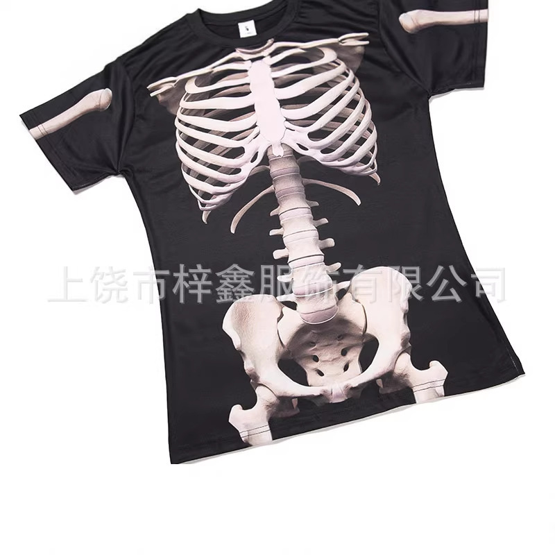 3D Effect Digital Print Short T-Shirt with Realistic Skeleton Design, Funny Performance Team T-Shirt, Popular European and American Style T-Shirt