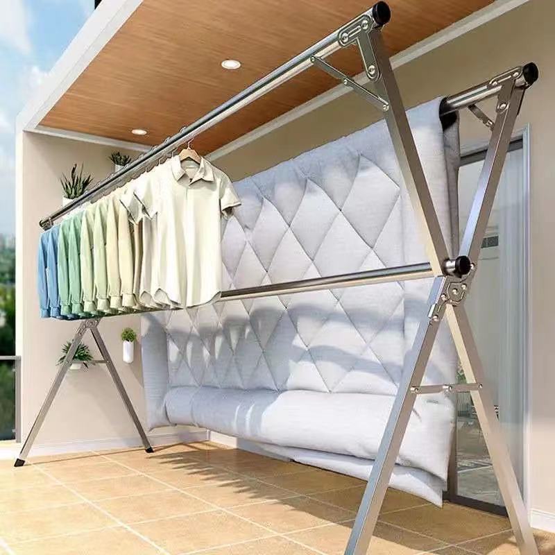 Thickened Stainless Steel Double Rod Drying Rack Floor Indoor Household Drying Clothes Rack Balcony Drying Rack Floor Wholesale