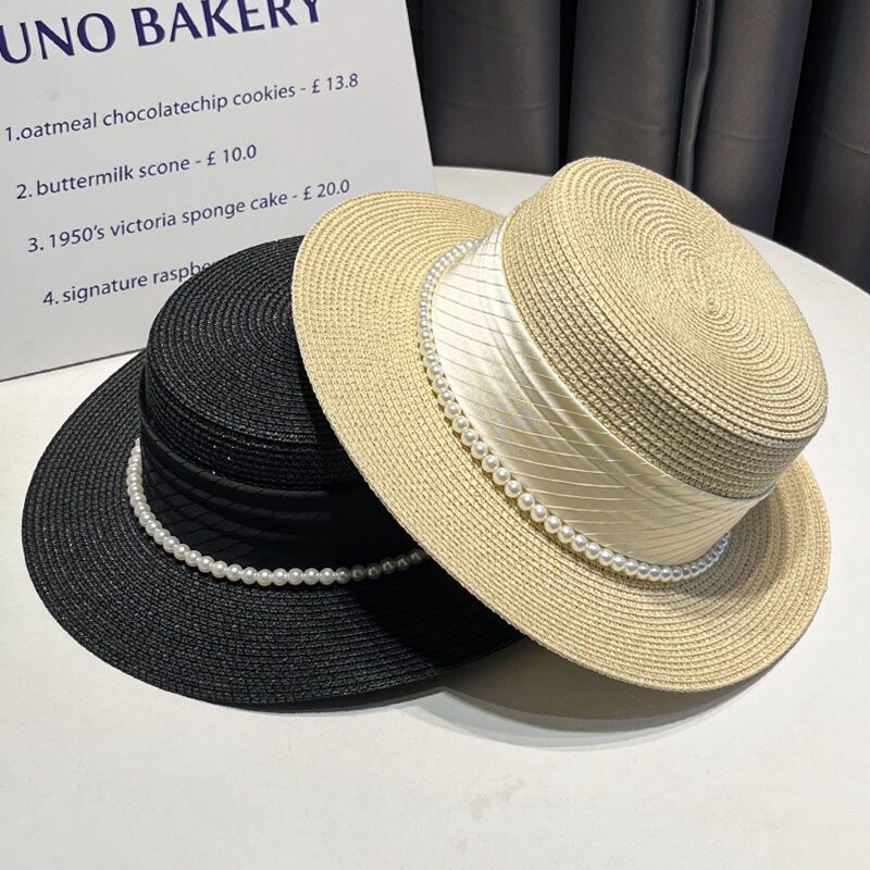 Straw Hat French Retro Flat-Top Ladylike Style Hat Summer New Style Women's Travel Sun Protection Wide-Brimmed Breathable Sun Hat for Women