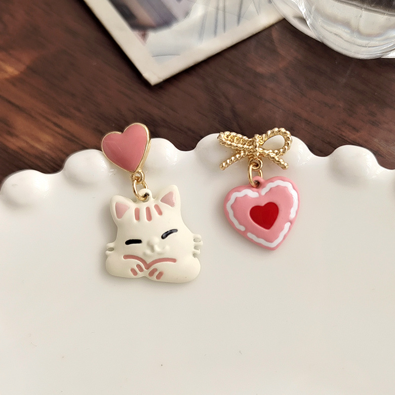 Sweet Heart Shape Cat Bow Knot Alloy Enamel Women's Drop Earrings Ear Clips 1 Pair display picture 2