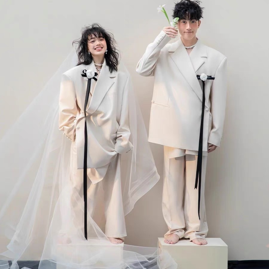 (2개) 사진 스튜디오 사진 커플 의류 테마 투어 사진 힙합 조커 넓은 다리 바지 이미지 사진 거리 사진 느슨한 웨딩 원피스 세트