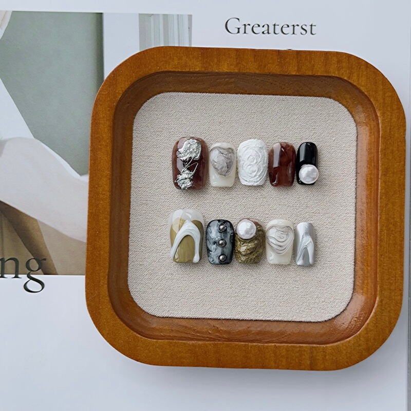 Original High-End Accessible Luxury Manicure Pearl Metal Marble Stereo Heart Design Elegant Handmade Wearable Nails