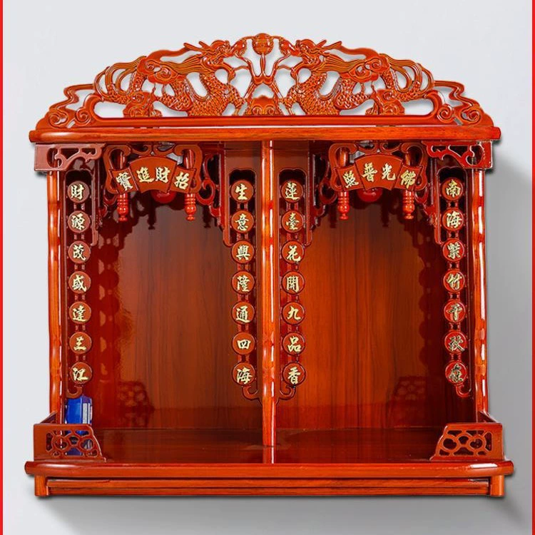 Двухъярусный буддийский храм с двумя статуями, двумя шкафами, двумя алтарями, столом для подношений Гуаньинь и Бога богатства, многоярусным шкафом со статуей Будды.