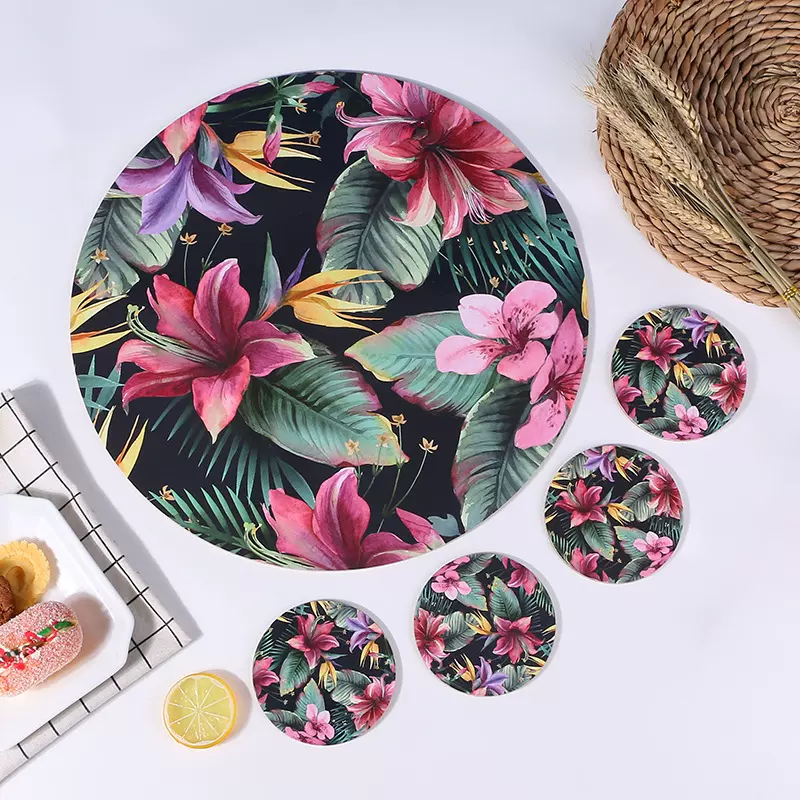 ins花卉图案软木餐垫 隔热密度板杯垫彩印logo 纸锅碗垫餐桌餐盘