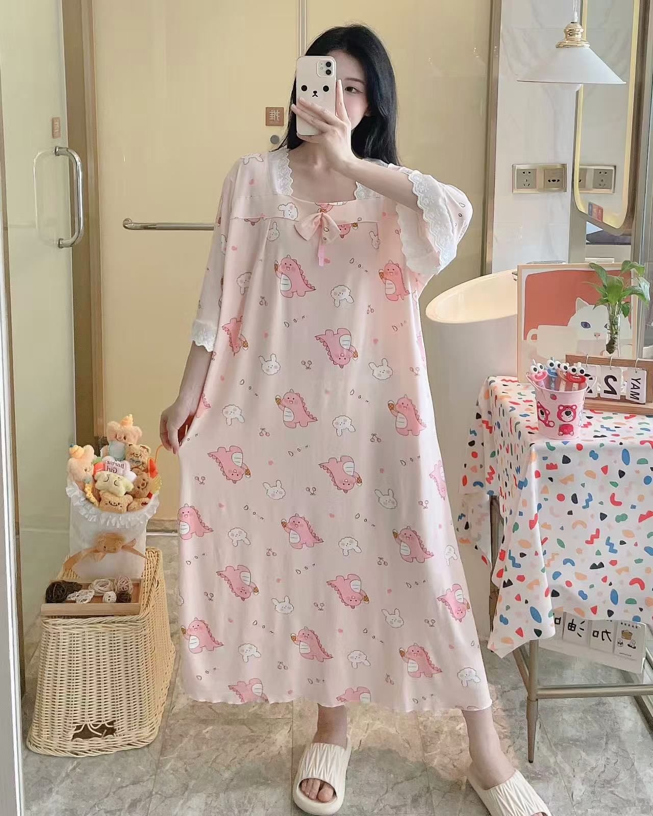 Transfronterizo al por mayor imitación de algodón dulce dibujos animados mangas cortas pijamas de primavera y otoño mujeres verano ropa larga y delgada suelta para el hogar