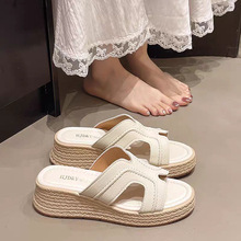 夏季新款圆头露趾坡跟拖鞋2025欧美麻绳底一字拖外穿女跨境外贸鞋