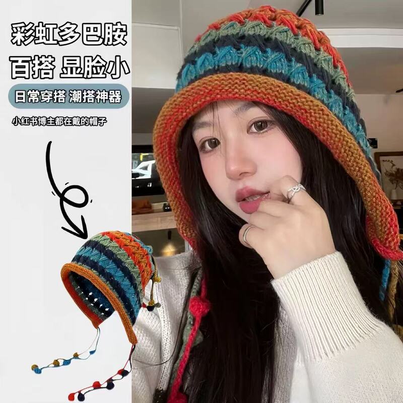 New Korean-Style Ethnic Fashion Handmade Tassel Dopamine Colorful Pom-Pom Knit Hat for Women, Warm Headwrap Hat New Korean-Style Ethnic Fashion Handmade Tassel Dopamine Colorful Pom-Pom Knit Hat for Women, Warm Headwrap Hat
