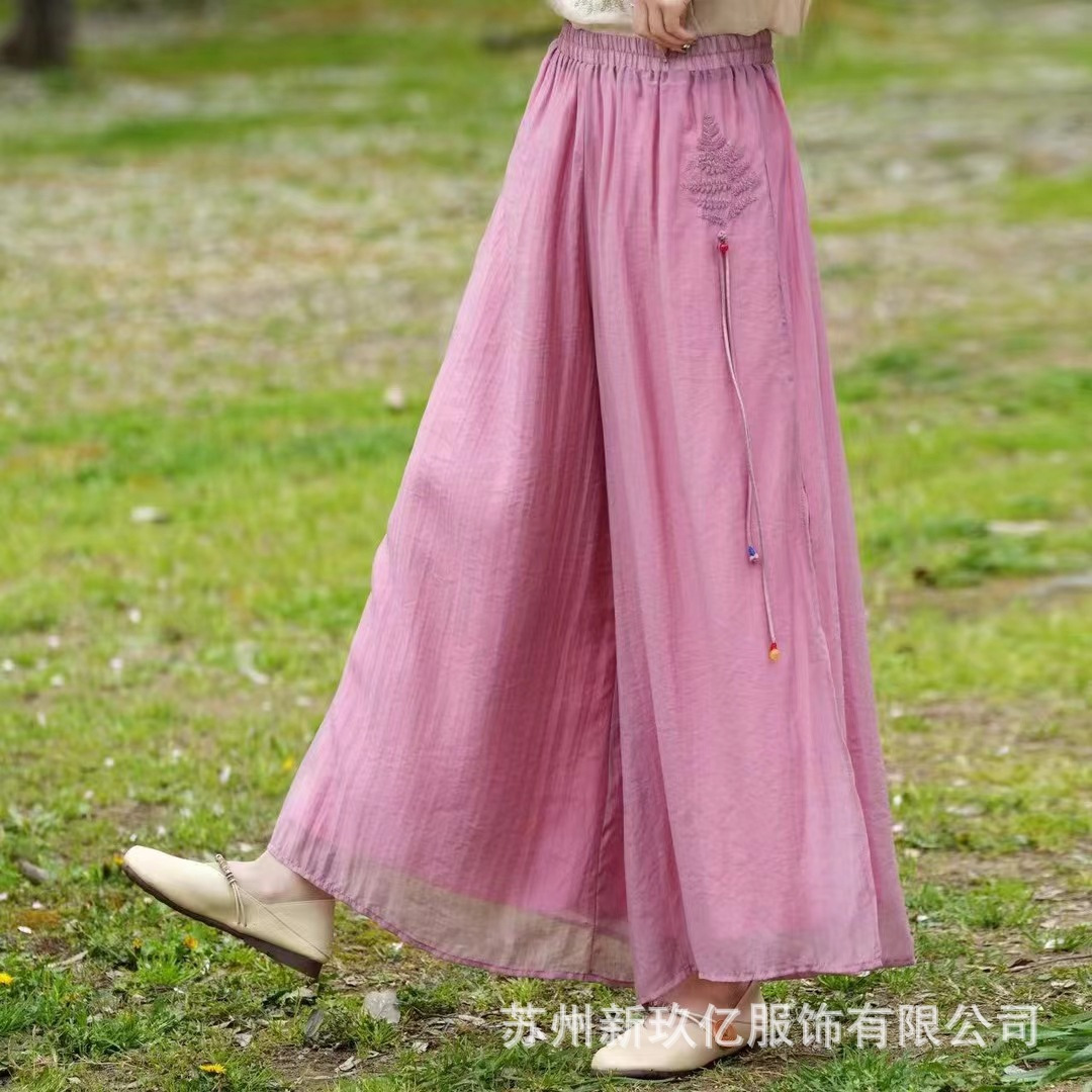 2025 New Summer Style Casual Elegant Double-Layer Silk and Linen Straight Pants Loose Splicing Embroidered Casual Pants for Women