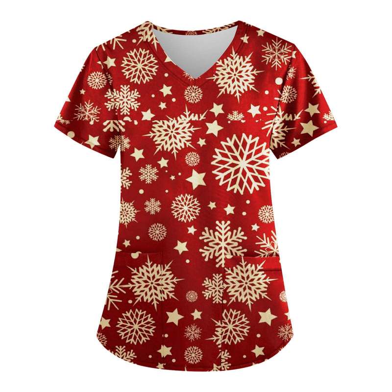 2025 Women's Niche Stylish 3D Printed Pattern Nursing Uniform V Neck Casual and Comfortable Short-Sleeved Patch Pocket Nurse Uniform