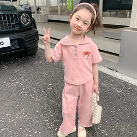 女童卡通连帽套装夏季短袖上衣蕾丝边两件套女孩韩系甜美休闲童装