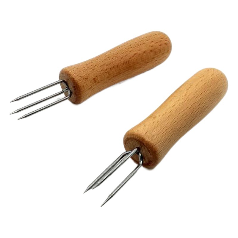 Moxa Stick Extender, Three-Pronged Wooden Handle Moxa Stick Fork, Corn and Eggplant Barbecue Fork, 430 Stainless Steel Fork
