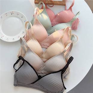 Korean Striped Plaid Girl Thin Small Breast Underwear Push-Up Comfortable Wire-Free Anti-Sagging Seamless Bra Bra