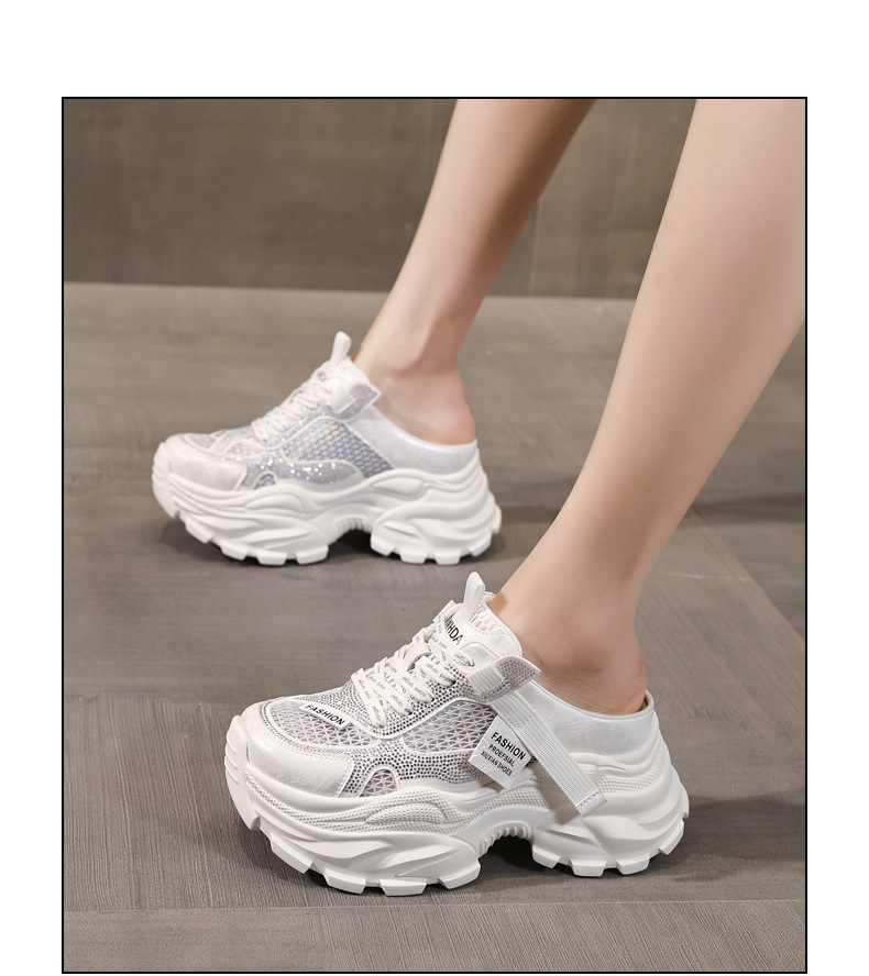 Giày sneaker nữ đế dày lưới thoáng khí mũi trùm đính đá phong cách giày bố — màu trắng ngà, bạc chi tiết 15