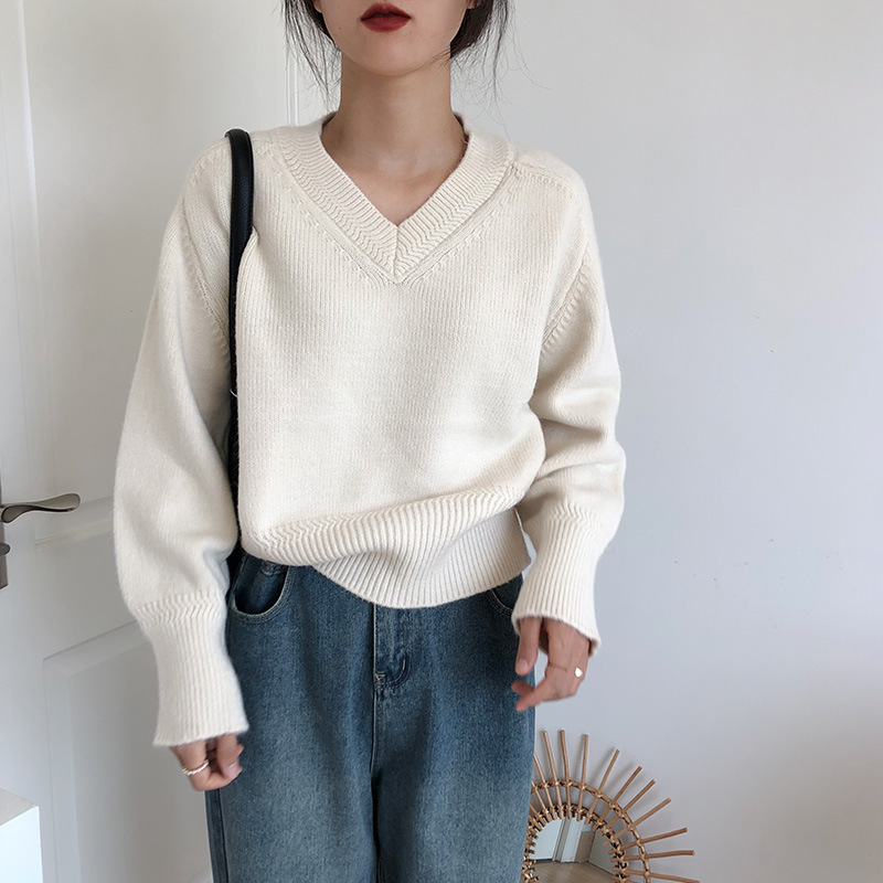 South Korea's Dongdaemun Pure Color Soft Waxy V Neck Knitwear Women's Autumn and Winter Long-Sleeved Outer Pullover Top Bottoming Knitwear