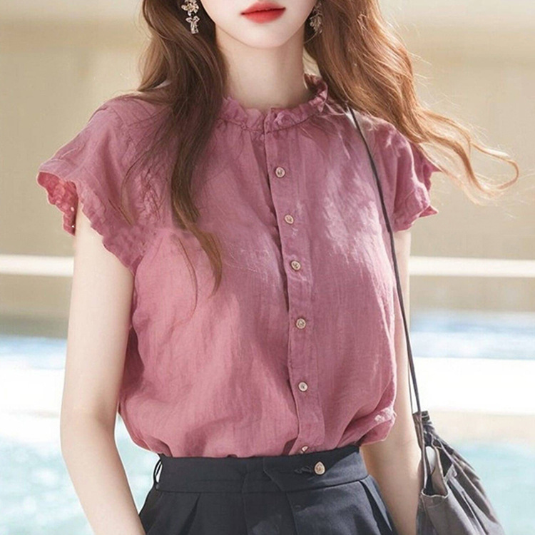 木の耳元の立襟の亜麻の小さい飛の袖のシャツの女性のモコの魚の元は小さい大衆の夏の独特で美しいシャツを作ります。|undefined