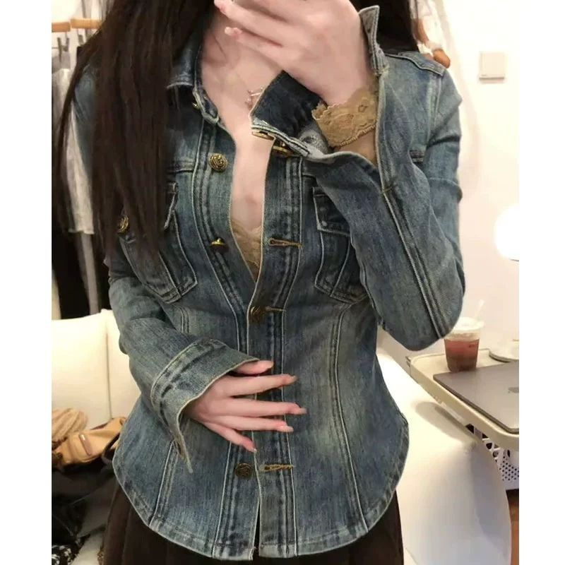 American Style Retro Blue Polo Collar Denim Shirt Women's Winter High-end Sense Tight Waist Slim-fit Slim Jacket Top