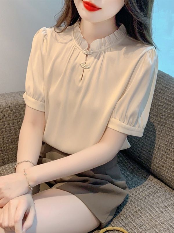 代発立襟優雅洋気シャツ女性半袖夏の新型百合盤ボタンファッション痩せ雪紡織上着女性|undefined