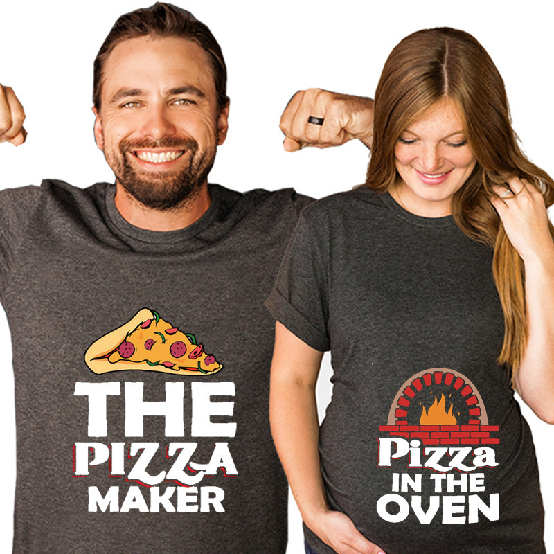 the pizza maker pizza cartoon pregnant women couple T-shirt European and American Funny Creative Valentine's Day