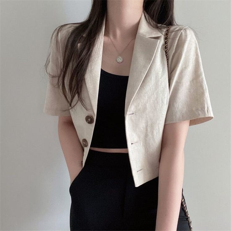 Korean Style Casual Short-Sleeved Solid Color Blazer for Women, Summer Thin Loose Short Elegant Jacket for Petite Figures