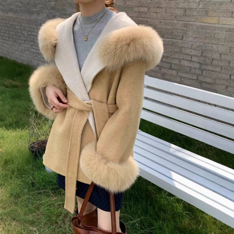 In-Stock Side Pocket Long-Sleeve Hooded Elegant Women's Mid-Length Robe with Real Fox Fur Collar and Double-Sided Wool Coat