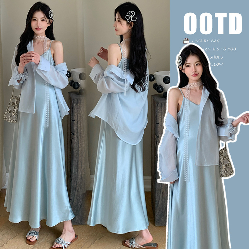 New Summer Maternity Wear, Loose and Slimming Two-Piece Dress, High-End Satin Suspender Dress + Shirt Set