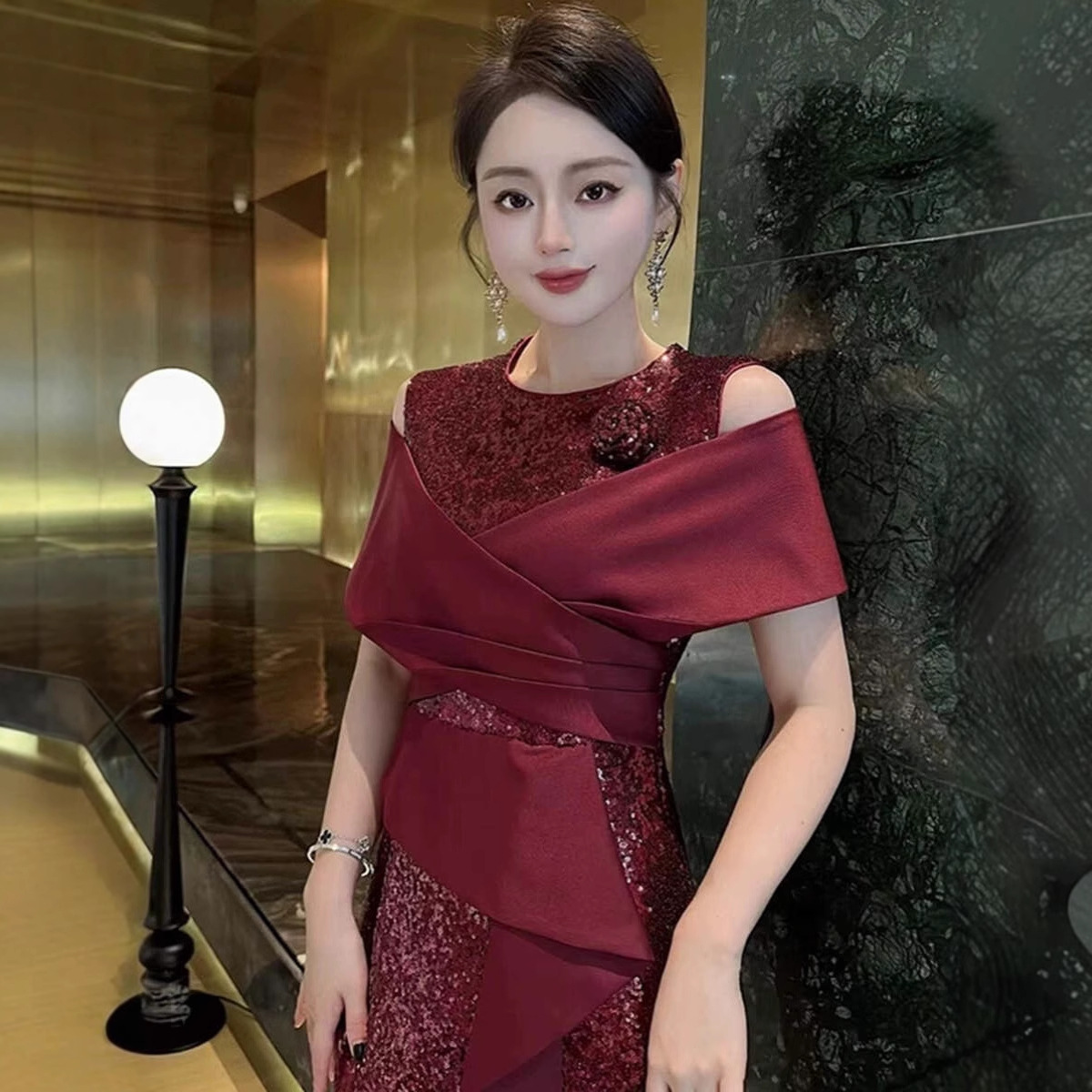 Nanyou Evening Dress Fishtail Sequin Off-Shoulder Elegant Wedding Dress for Mother-In-Law Wedding Banquet New Product Elegant and Graceful