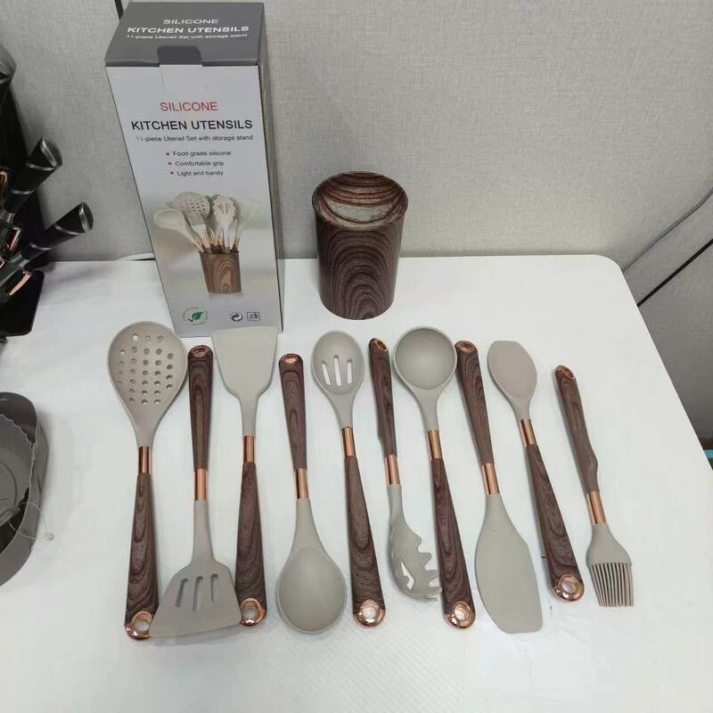 新型シリカゲル調理器具セット11点セット金メッキ木目柄不粘着鍋高温家庭用炒め物シャベルスプーン|undefined