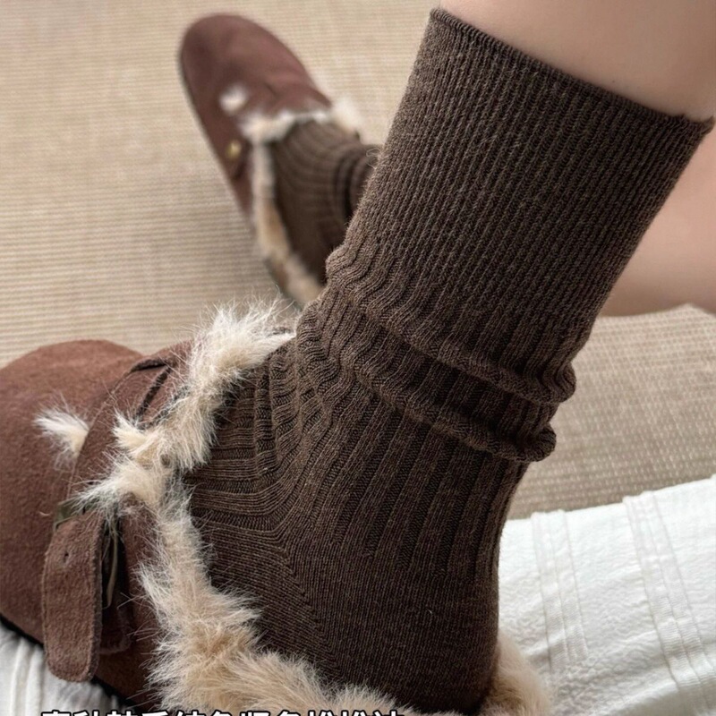 Women's Fall/Winter Melard Brown Slouch Socks with Vertical Stripes, Seamless Mid-Calf Socks, Vintage Style, Matching with Birkenstock Shoes, Solid Color Women's Fall/Winter Melard Brown Slouch Socks with Vertical Stripes, Seamless Mid-Calf Socks, Vintage Style, Matching with Birkenstock Shoes, Solid Color