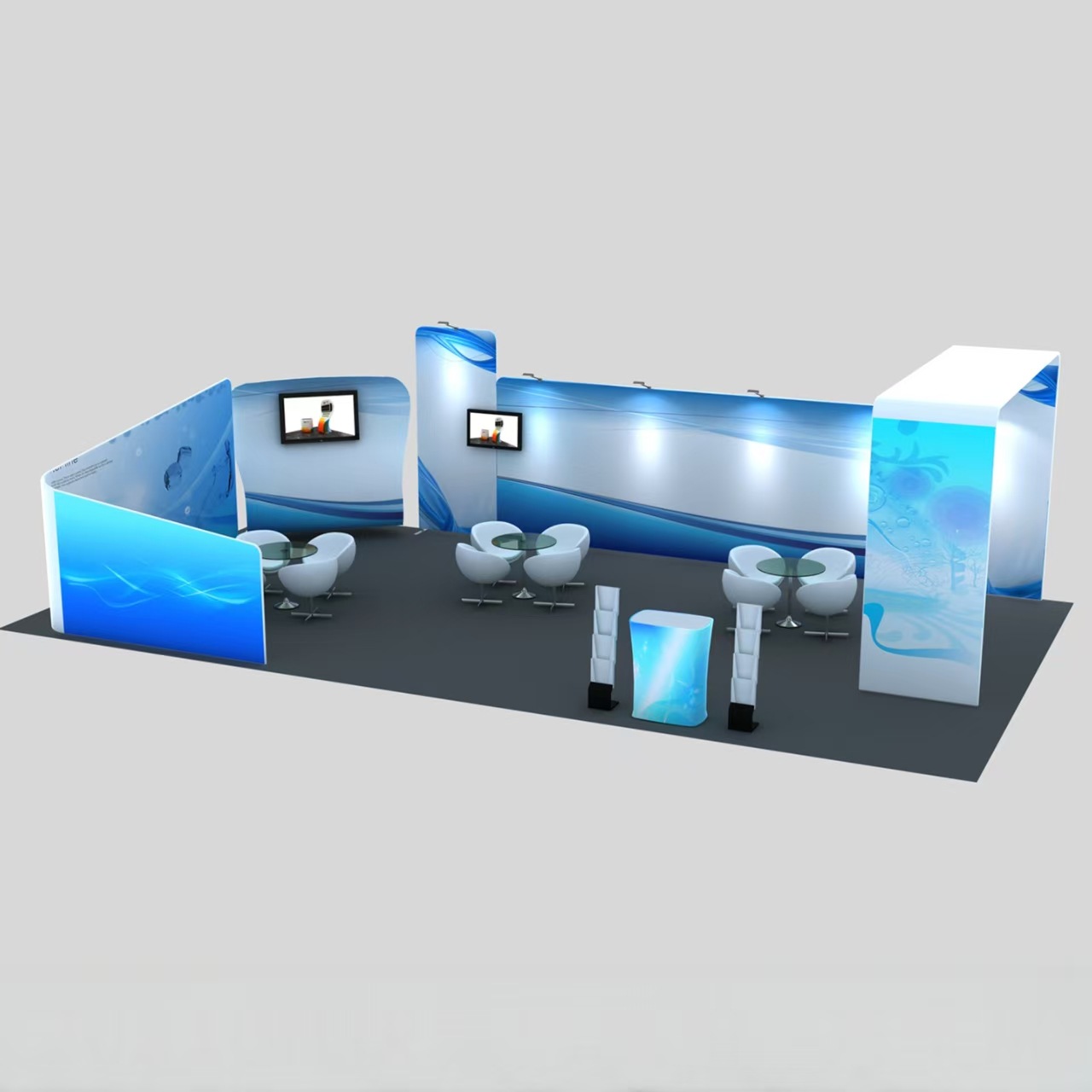 Stand estándar de 20 pies de fondo de pared en el extranjero stand de exhibición para construir un estante de diseño 3D cartel personalizado