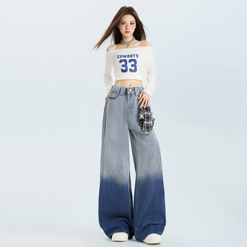 拖地长裤女2025早秋新款设计感格子飘带高腰显瘦洗水阔腿牛仔裤|undefined