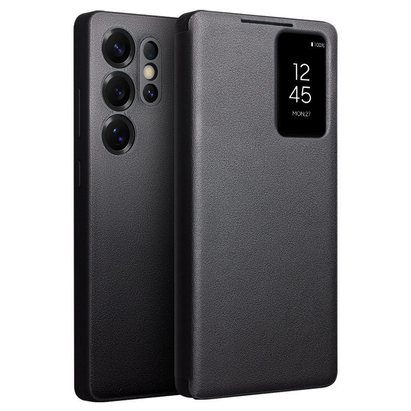 Qiali Is Suitable for Samsung S25Ultra Mobile Phone Case Genuine Leather Smart Window Clamshell Protective Cover Dormant
