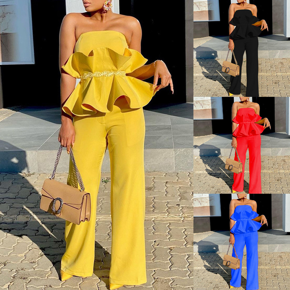 Traje de primavera y otoño de 2026 nuevo sujetador europeo y americano transfronterizo elegante pantalón de piernas anchas volantes personalidad cómoda traje de ocio