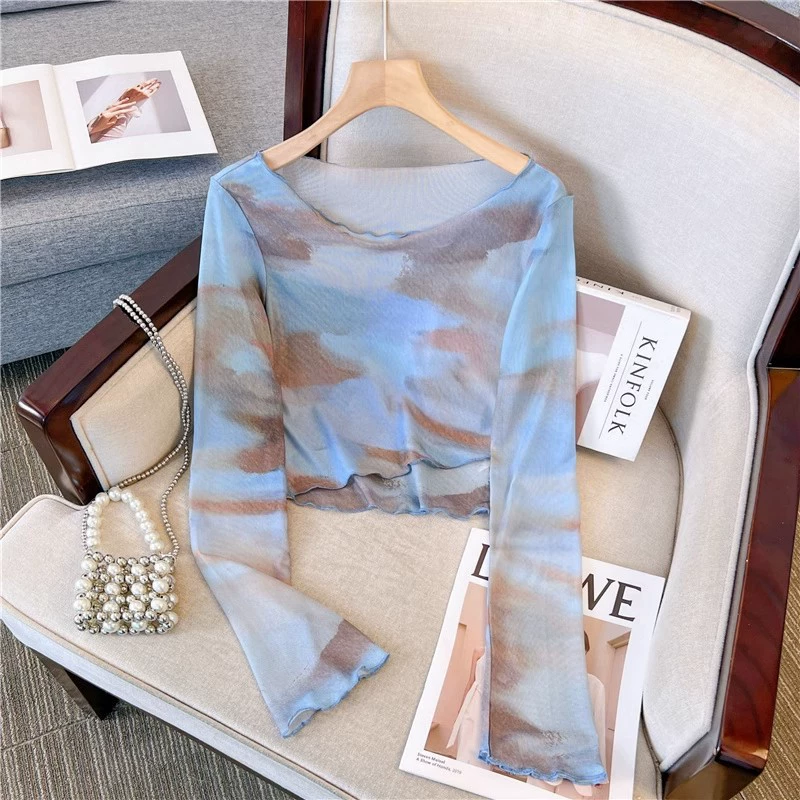 Модная нишевая облегающая женская футболка с принтом тай-дай, новый летний короткий стиль, солнцезащитный сетчатый топ с принтом.