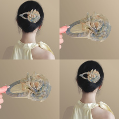 山茶抚香！超仙网纱玫瑰鸭嘴夹！氛围感后脑勺发饰气质鲨鱼夹盘发