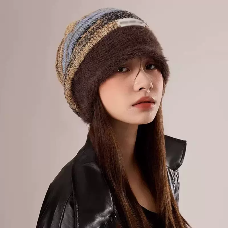 美拉德堆堆帽女冬季大头围显脸小毛线帽防寒保暖月子帽包头针织帽