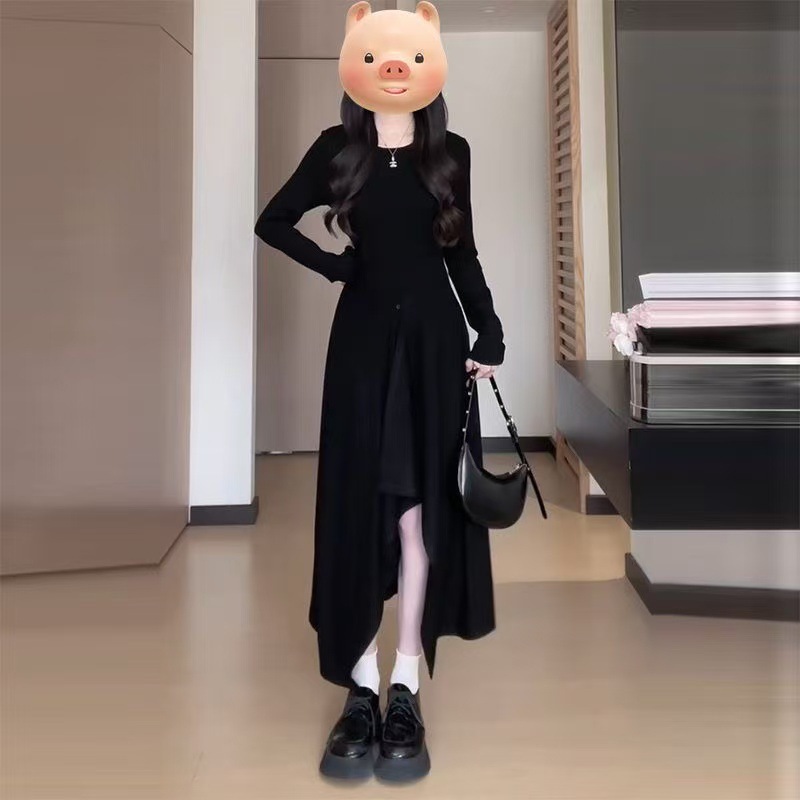 2025新款法式赫本风高级感黑色连衣裙子女装秋冬季小个子气质长裙|undefined