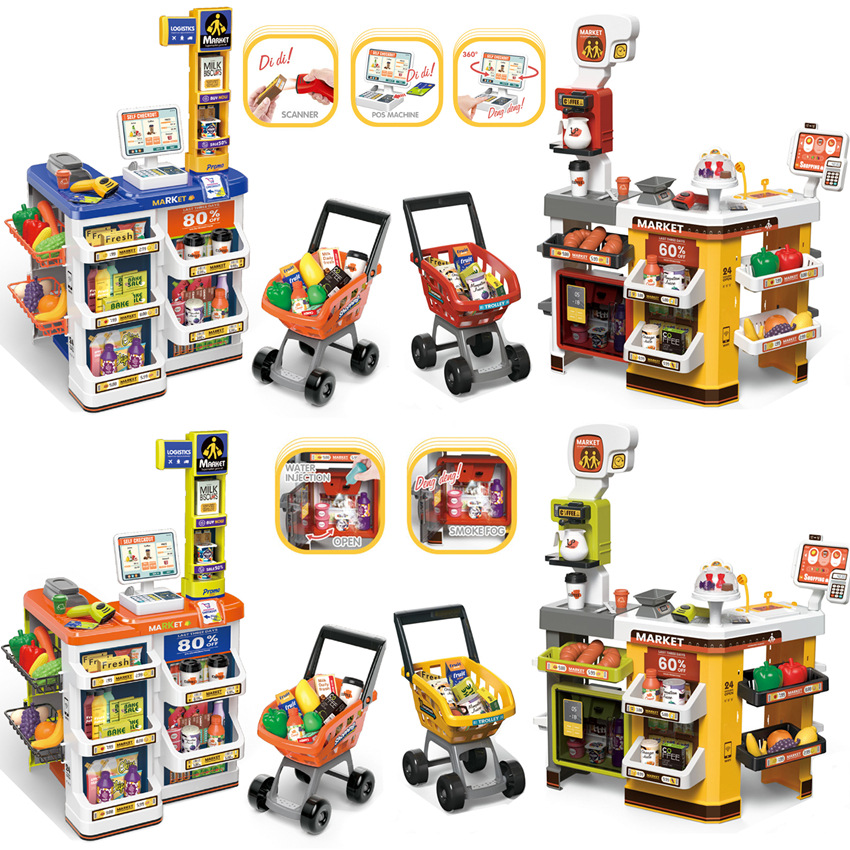 Comercio exterior para niños simulación supermercado cajero refrigerador spray escaneo tarjeta de crédito jugar casa carrito de compras supermercado juguete
