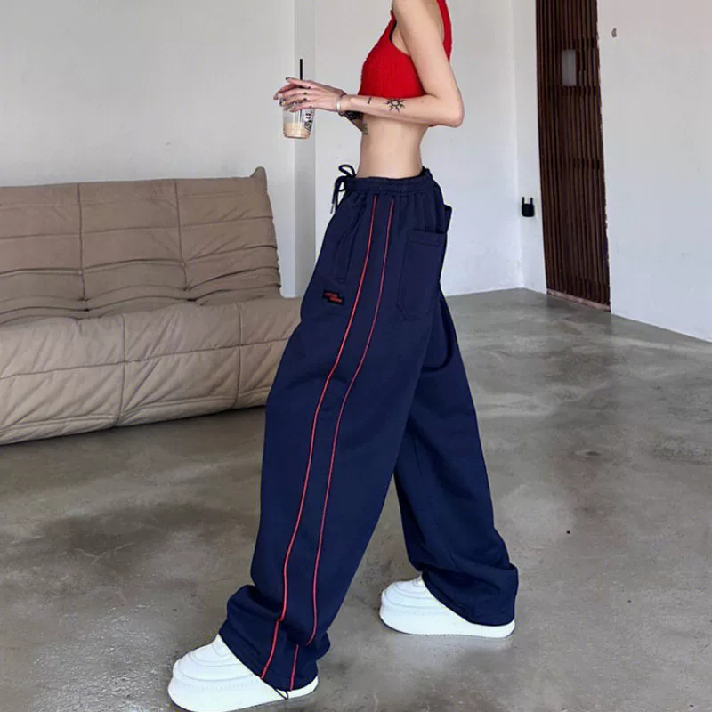 American-style high-street jogger pants for women, autumn loose casual wide-leg stacked pants with elastic waist and drawstring, floor-length American-style high-street jogger pants for women, autumn loose casual wide-leg stacked pants with elastic waist and drawstring, floor-length