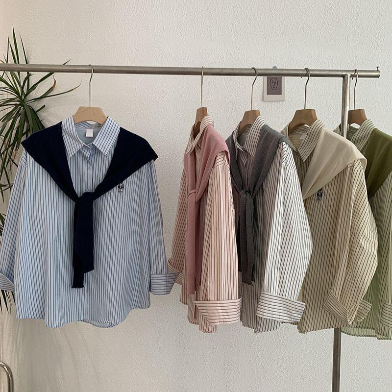 Bear Embroidered Lapel Single-Breasted Long-Sleeved Mid-Length Stripesd Loose Shirt Top Knitted Shawl Two-Piece Set for Women