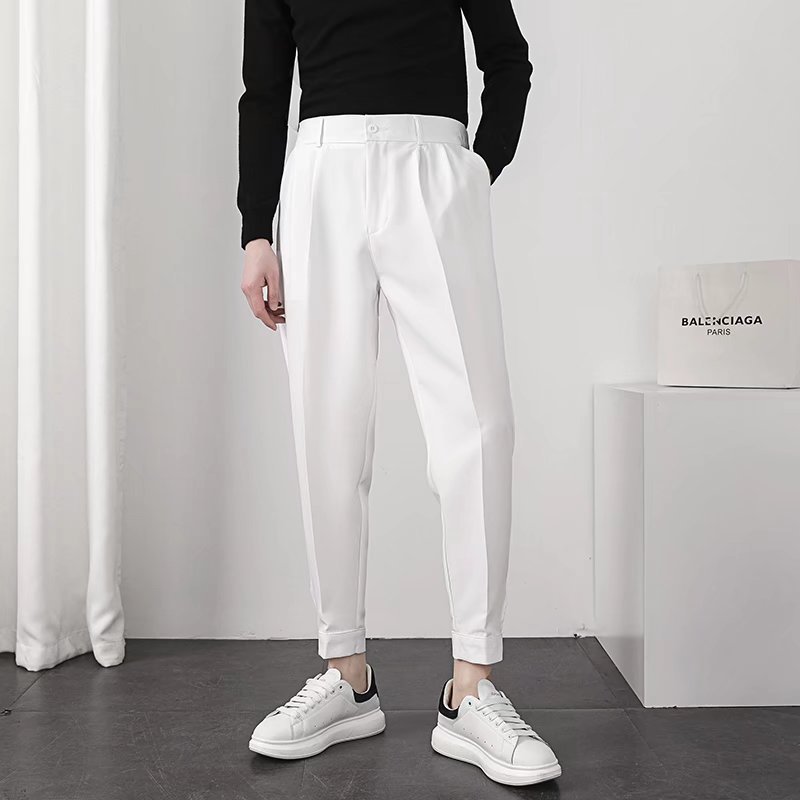 Pantalones casuales de color sólido de velcro para hombres pantalones hasta el tobillo estilo británico sin planchar nuevos pantalones de traje maduro ligero simple image 3