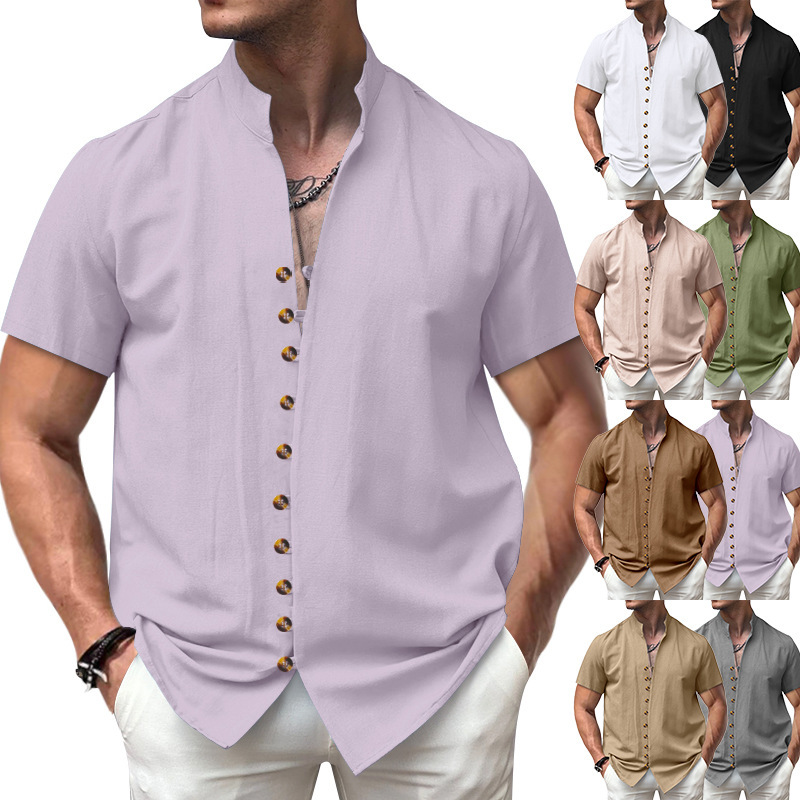 Camicia in lino da uomo con collo alla coreana e bottoni_voghion.com
