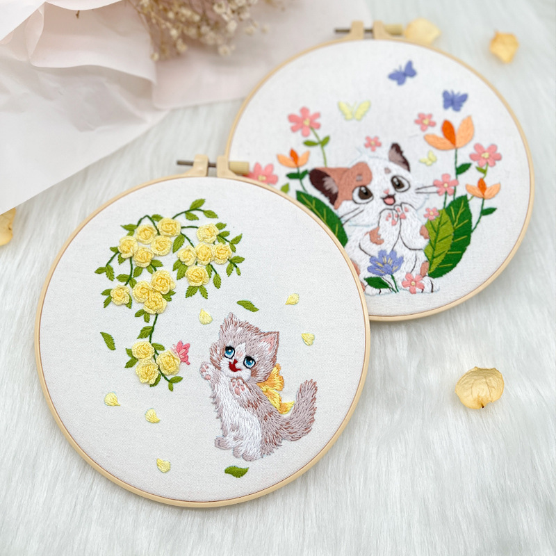 Flor gato traje colgante pintura Lu bordado dibujos animados animal inglés novato bolsa bordado DIY material bolsa salón colgante hecho a mano