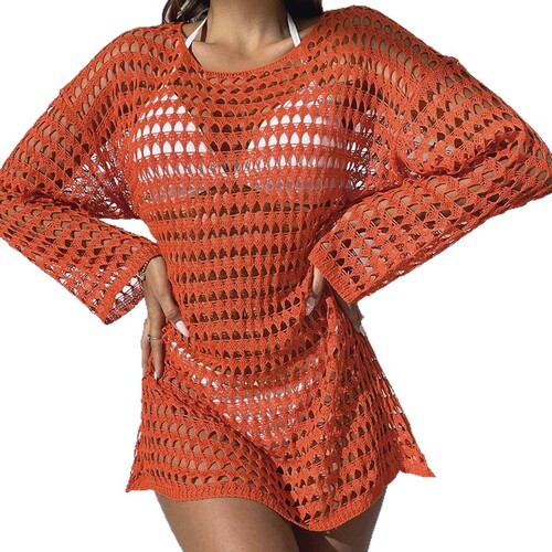 European and American Summer Women's Wear: Sexy Knitted Hollowed-Out Crew-Neck Long-Sleeve Bikini Swimsuit Cover-Up