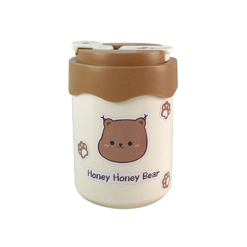 304ステンレスダブルドリンクストローカップかわいい熊コップ蓋付き学生ミルクティー牛乳朝食カップコーヒーカップ|undefined