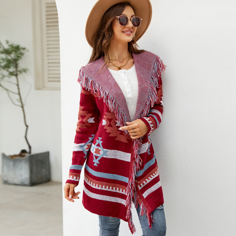 Cross-Border 2023 Autumn and Winter European and American Loose Hooded Long Sweater Jacket Tassel Geometric Jacquard Sweater Cardigan