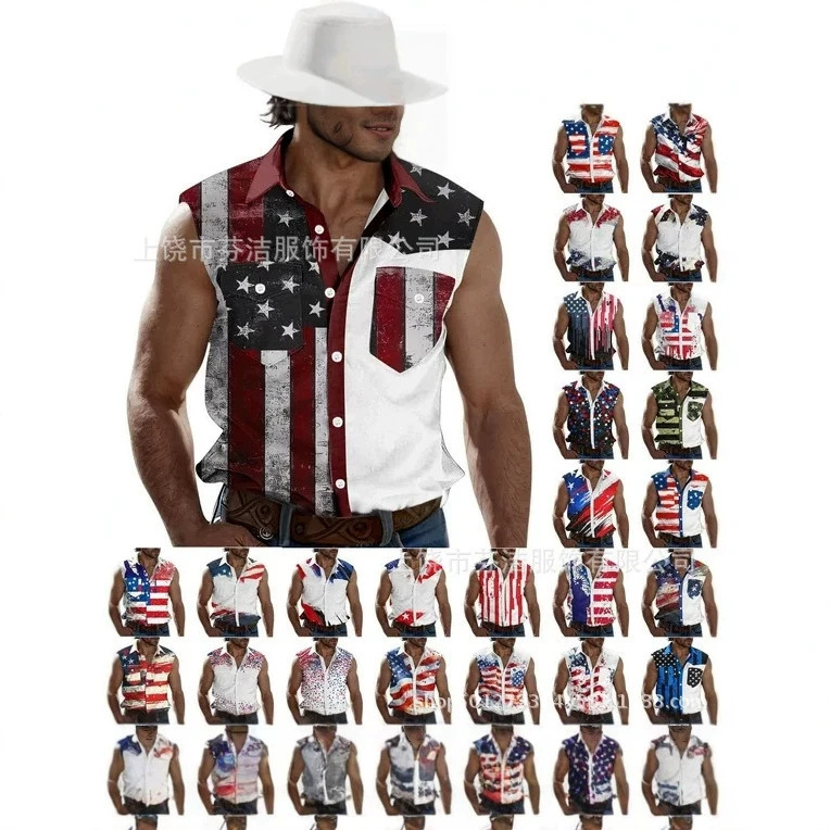 2026 Cross-Border American Retro Flag Print Men's Sleeveless Shirt Summer Western Cowboy Casual Versatile Top