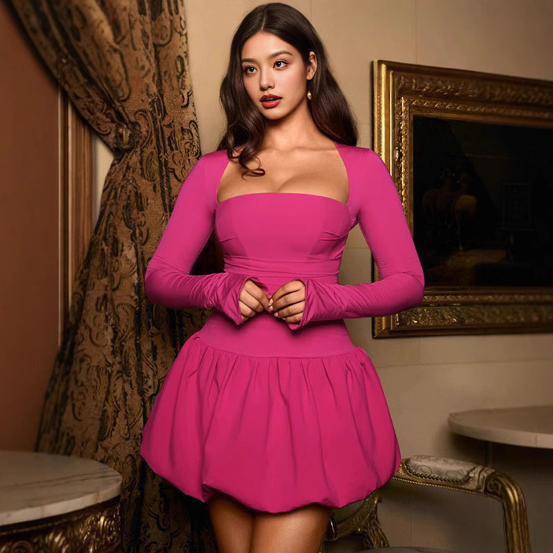 European and American Cross-Border Lv Women's Spring & Fall Sexy Sexy Slim and Elegant Chest-Wrapped Long-Sleeved Backless Short Bud Lv Dress European and American Cross-Border Lv Women's Spring & Fall Sexy Sexy Slim and Elegant Chest-Wrapped Long-Sleeved Backless Short Bud Lv Dress