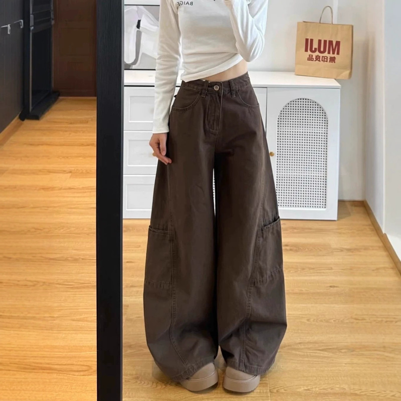 Brown retro casual straight-leg workwear wide-leg jeans for women, high-waisted, slimming, loose fit, suitable for petite figures Brown retro casual straight-leg workwear wide-leg jeans for women, high-waisted, slimming, loose fit, suitable for petite figures
