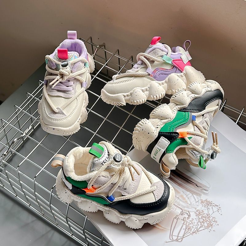 Children's Shoes, Boys' Velvet Sneakers, Girls' Leather Running Shoes, Kidsren's Cotton Daddy Shoes, Soft-Soled Casual Shoes